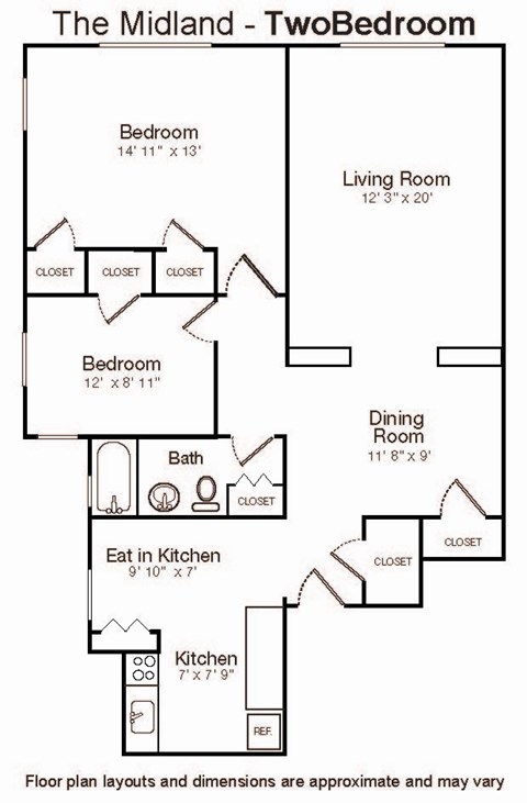Floor plan for 2 beds, 1 bath
